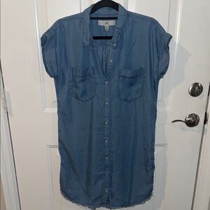 Thread and supply Blue chambray Denim Button-Up shirt Dress frayed hem